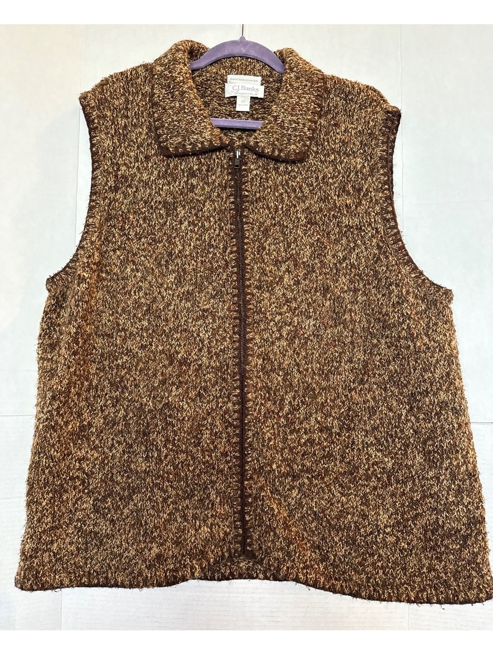 CJ Banks Hand Embroidered Brown Knit Vest 2X